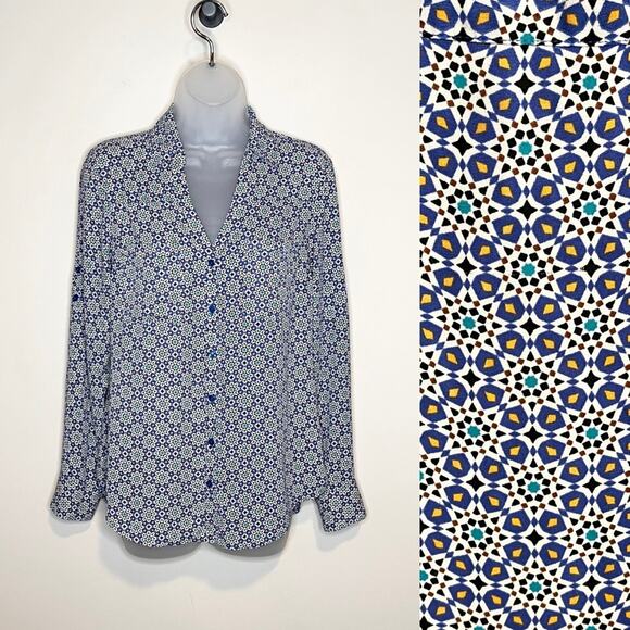 EXPRESS portofino shirt blouse size small blue/black/white geometric print - Picture 1 of 5
